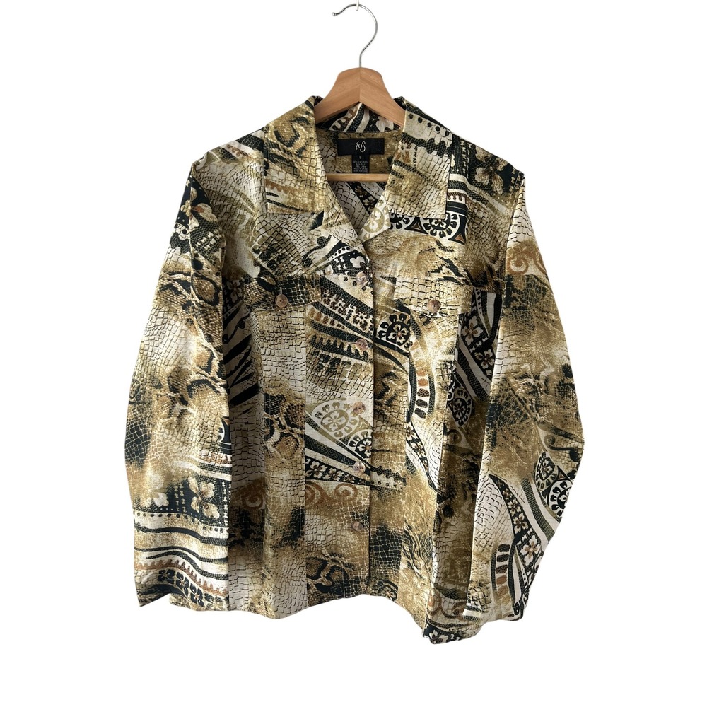 IOS Vintage Silk Linen Button Down Shirt Animal Paisley Baroque Print Womens L